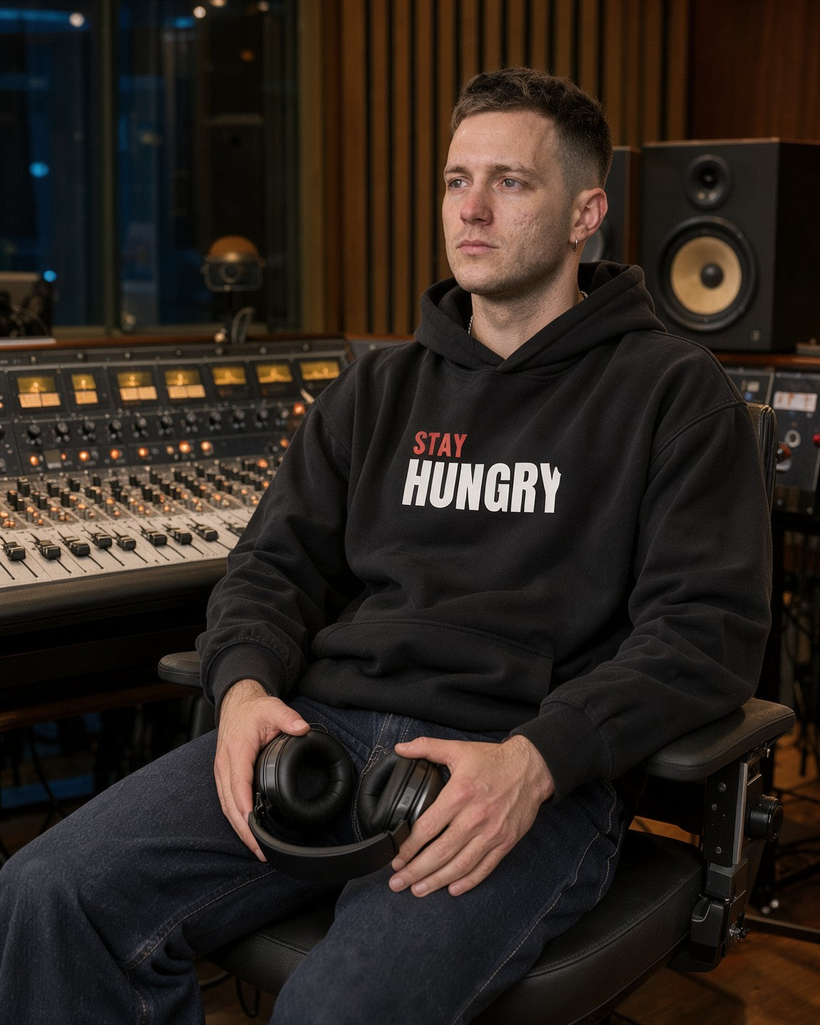 Model wearing the Stay Hungry Hoodie in Black