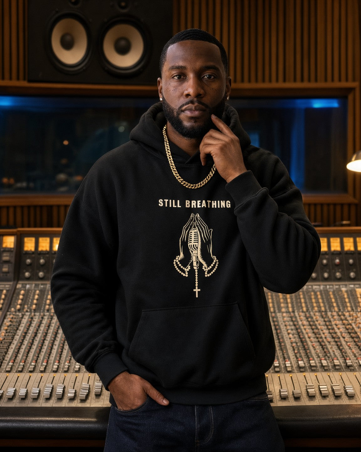Model wearing the Still Breathing Hoodie in Black