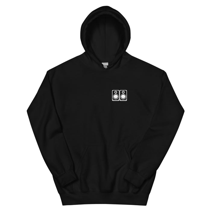 Black hoodie with an illustration of white-cone studio monitor speakers on the chest — Ghostnote audio engineer streetwear, flat front