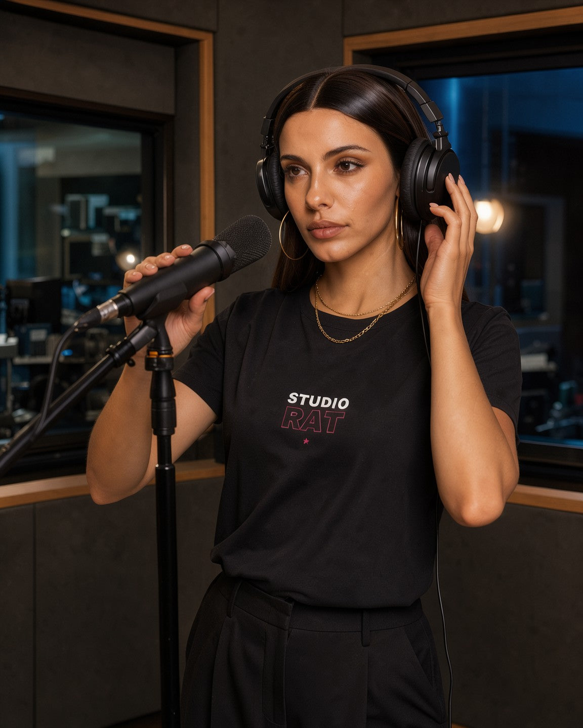 Model wearing the Studio Rat Women's Tee in Black