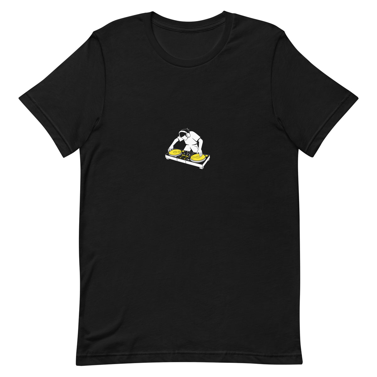 Black t-shirt with a white-and-yellow illustration of a DJ scratching on turntables — Ghostnote hip-hop streetwear tee, flat front