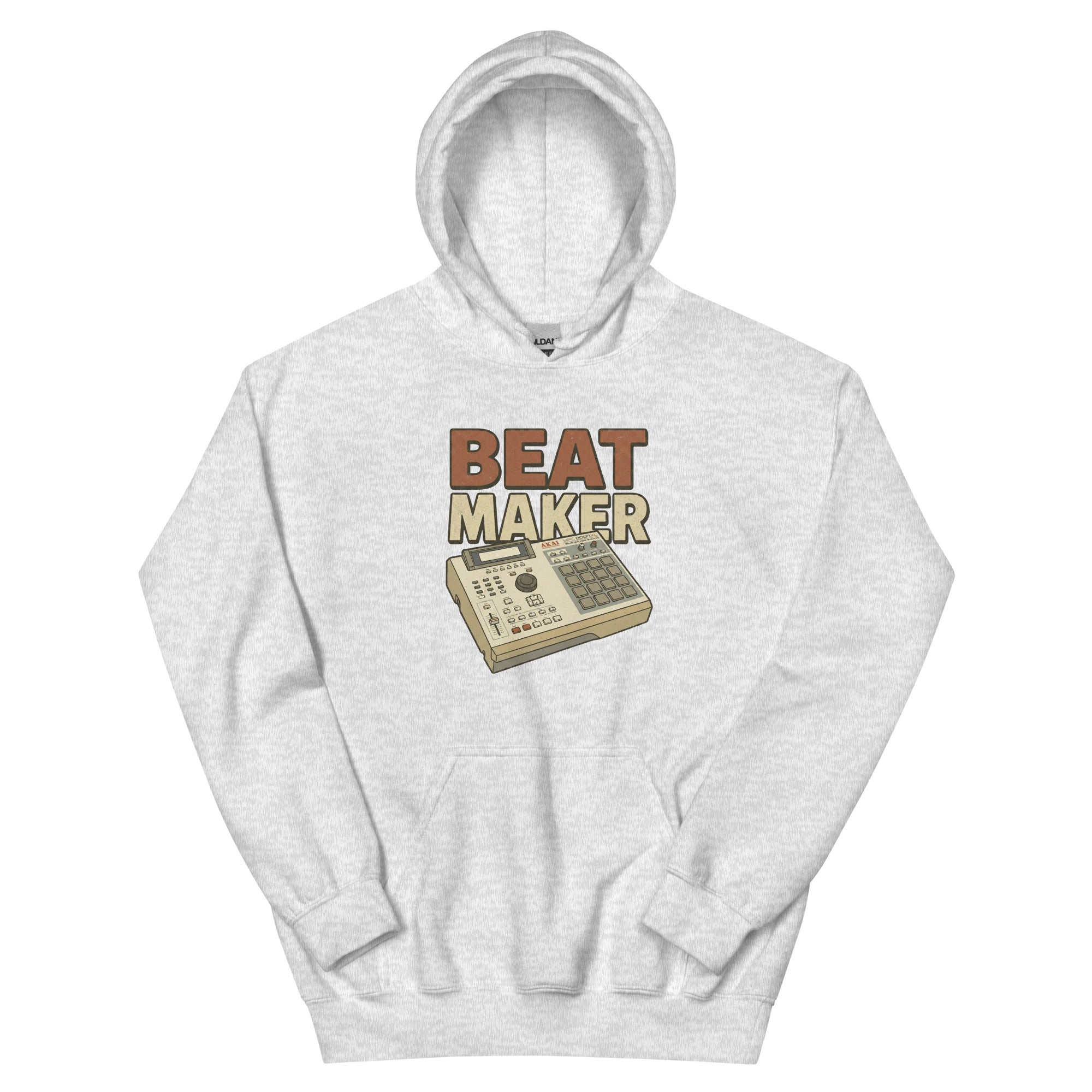 White Beat Maker hoodie with a gold illustration of an MPC drum machine and 'BEAT MAKER' text on the chest — Ghostnote music producer streetwear