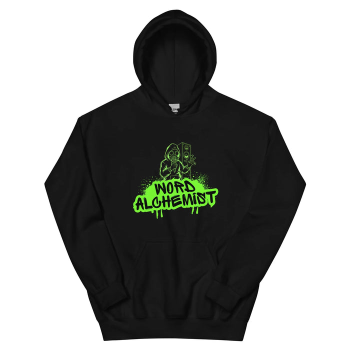 Black rapper hoodie with 'WORD ALCHEMIST' in green graffiti lettering and a green skull graphic on the chest — Ghostnote hip-hop streetwear