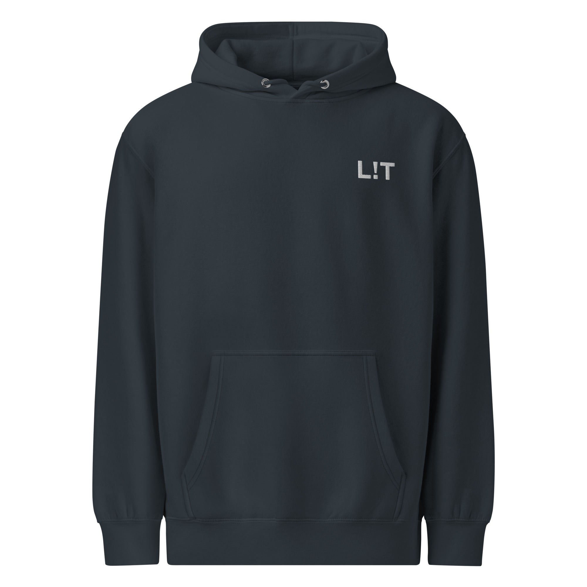 Black hoodie with small white 'L!T' text on the chest — Ghostnote hip-hop streetwear