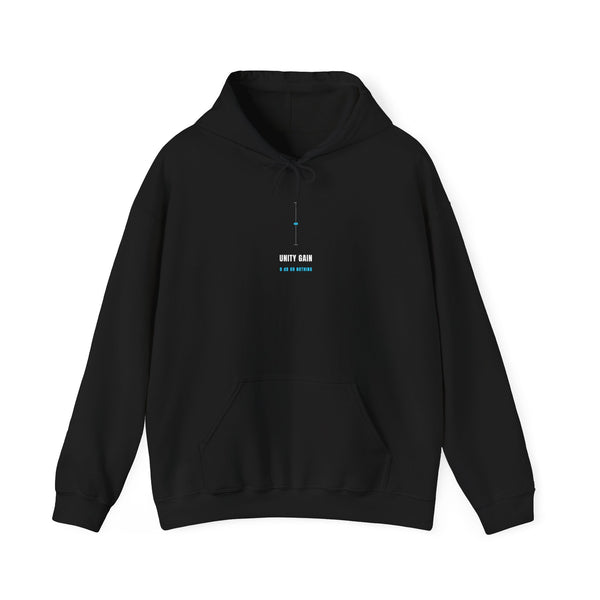 Black hoodie with a minimal 0 dB fader and 'UNITY GAIN' on the chest — Ghostnote audio engineer streetwear, flat front