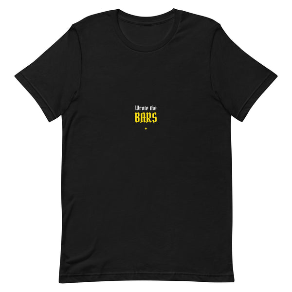 Black t-shirt with 'WROTE THE BARS' text in white and gold — Ghostnote rapper streetwear tee, flat front