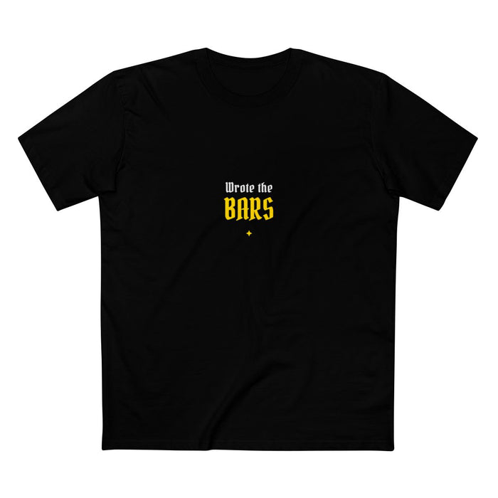 Black t-shirt with 'WROTE THE BARS' text in white and gold — Ghostnote rapper streetwear tee