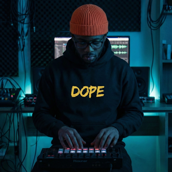 A beatmaker making a beat on an MPC in a studio