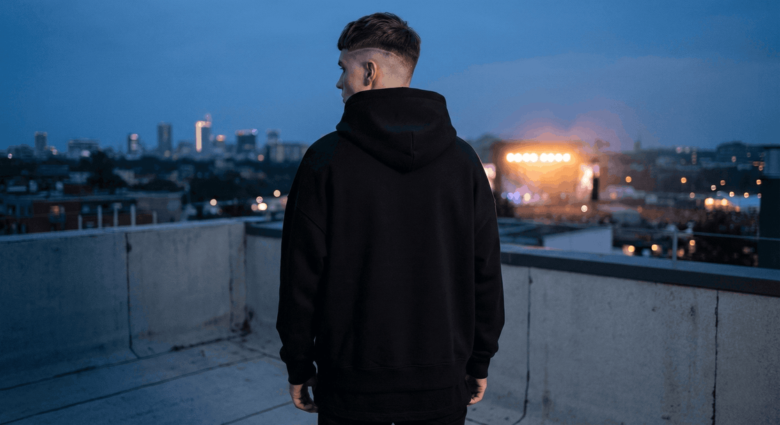 Man in an oversized black hoodie on a rooftop at dusk with a city skyline behind him