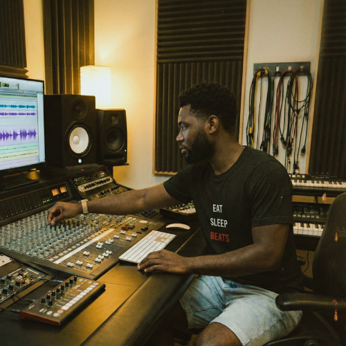 Music producer in a studio wearing an Eat Sleep Beats tee
