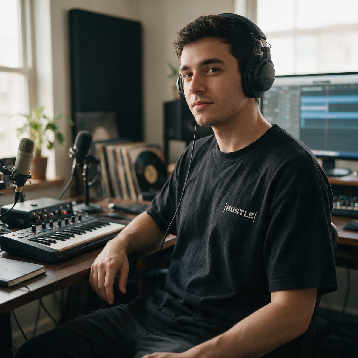 Producer in headphones and a Hustle tee at a home studio desk with a vocal mic and DAW