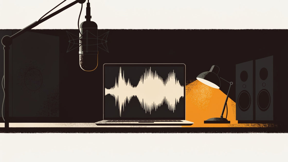 Home studio at night: a condenser microphone on a boom arm, a laptop showing a vocal waveform, a desk lamp and studio monitors