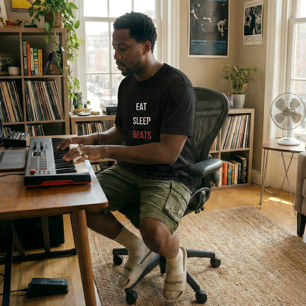 Music producer in an Eat Sleep Beats hoodie working in a home bedroom studio