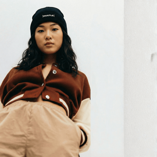 Model wearing a Ghostnote Hustle cuffed beanie — hip hop beanie style guide