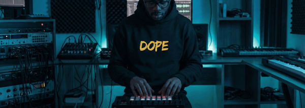 Producer in a black DOPE hoodie playing an MPC in a dimly lit studio