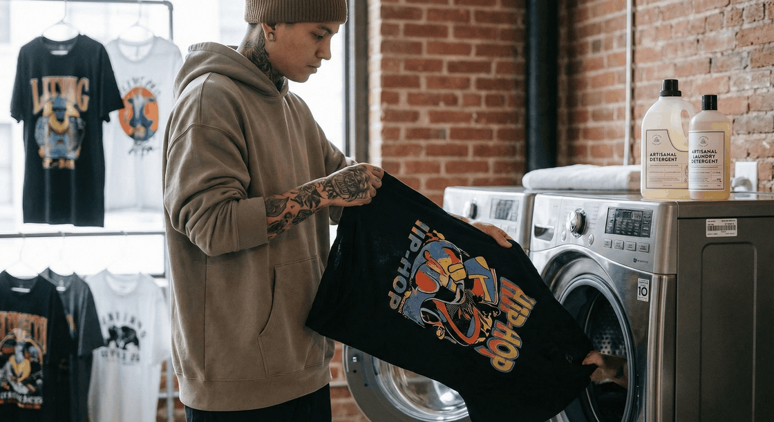 Person loading a black hip hop graphic tee into a front-loading washing machine, printed tees on a rack behind