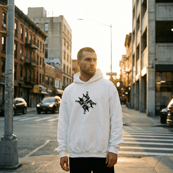 Model wearing a Ghostnote King rapper hoodie in the street