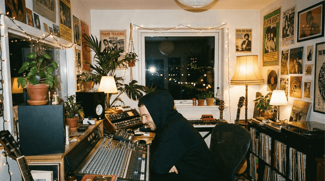 Music producer working at the desk in a home studio