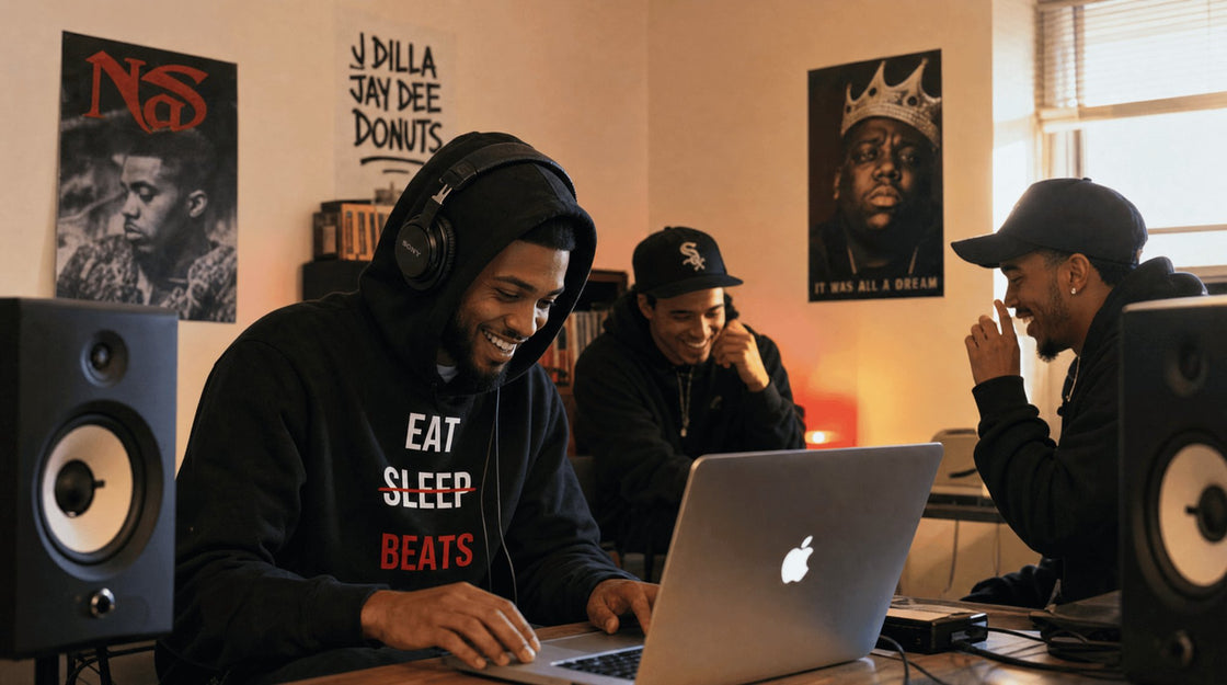 Producer in an Eat Sleep Beats hoodie working on a laptop in a home studio