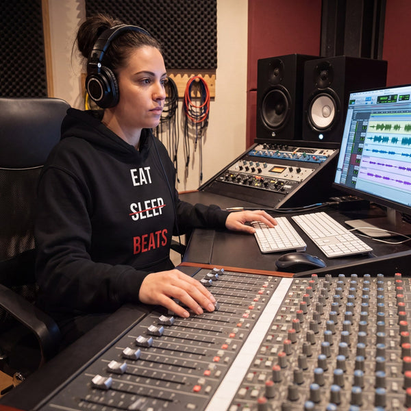 Engineer in an Eat Sleep Beats hoodie mixing at a large console with a DAW session on screen