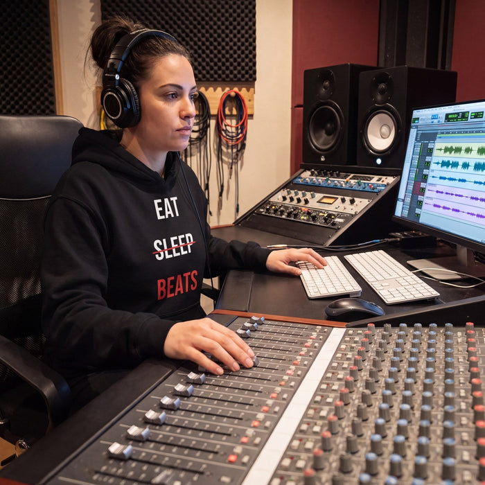 Engineer in an Eat Sleep Beats hoodie mixing at a large console with a DAW session on screen