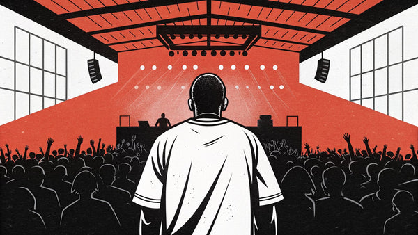 Illustration of a figure in an oversized tee at the front of a packed club crowd facing a lit DJ booth