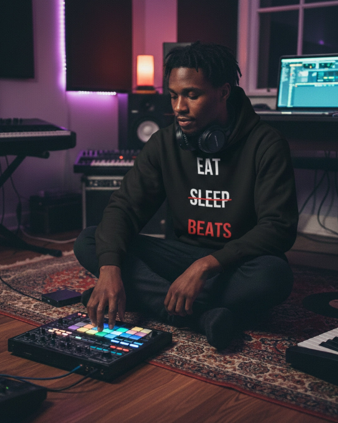 Producer seated on the floor playing a pad controller in a neon-lit room
