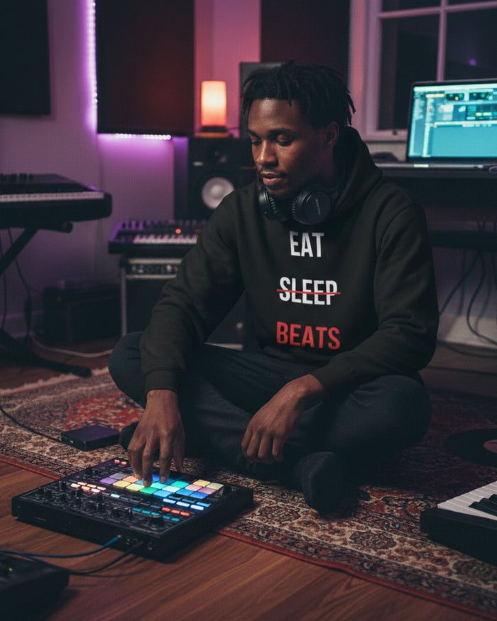Producer seated on the floor playing a pad controller in a neon-lit room