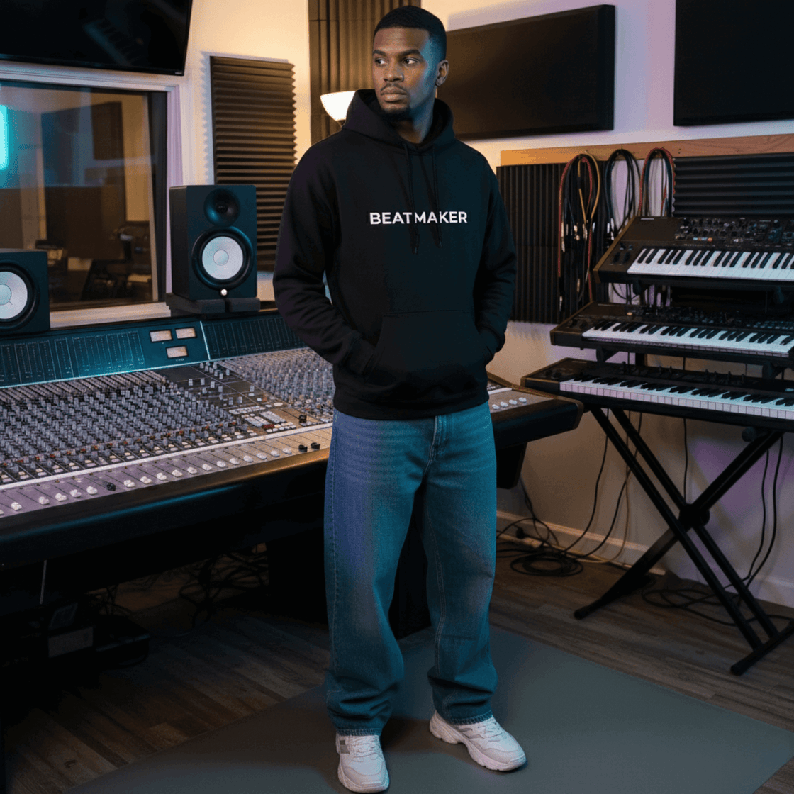 Producer in a Beatmaker hoodie standing in a home studio beside monitors and a keyboard