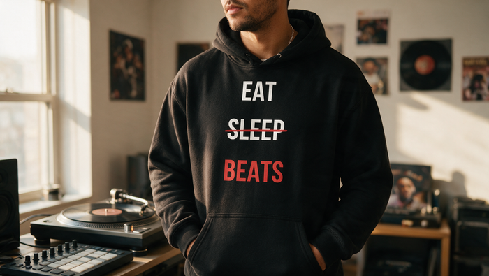 Producer in an Eat Sleep Beats hoodie beside a turntable in window light