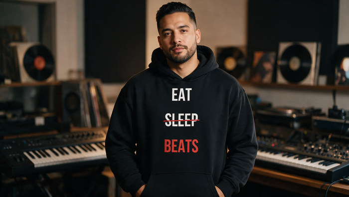 Producer in an Eat Sleep Beats hoodie among records and keyboards
