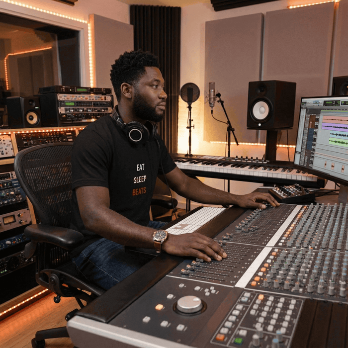 Engineer at a large mixing console reviewing a vocal session