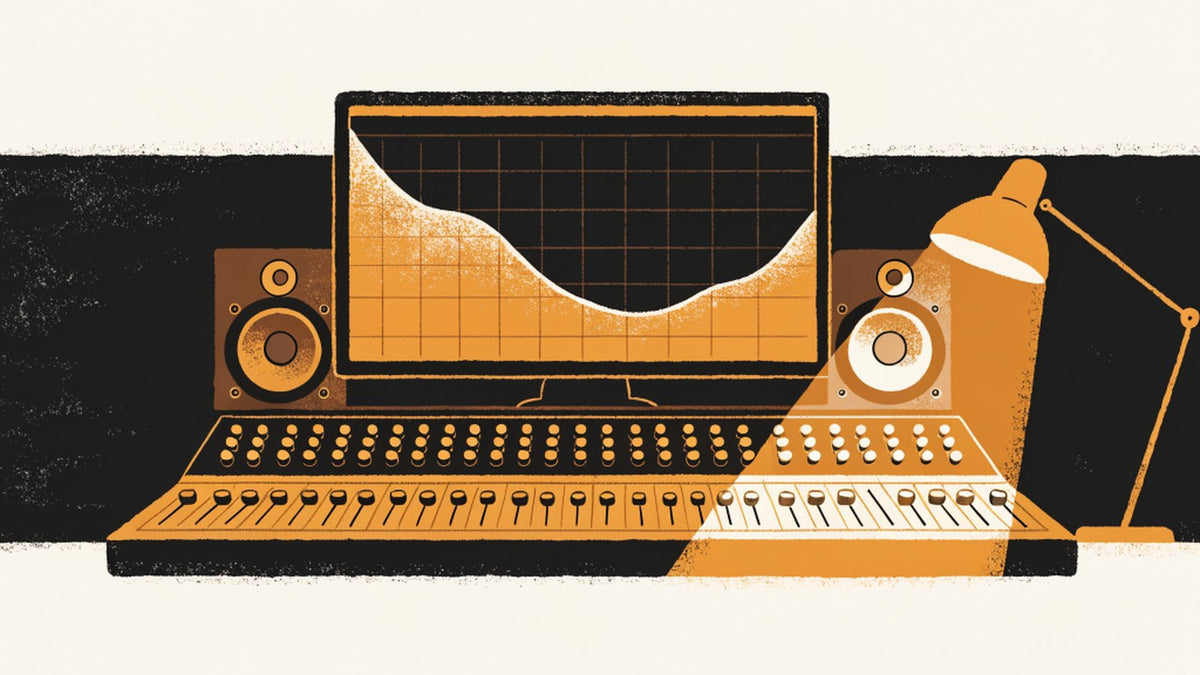 Illustration of a studio mixing console under a desk lamp, with an EQ curve on the monitor dipping through the mids