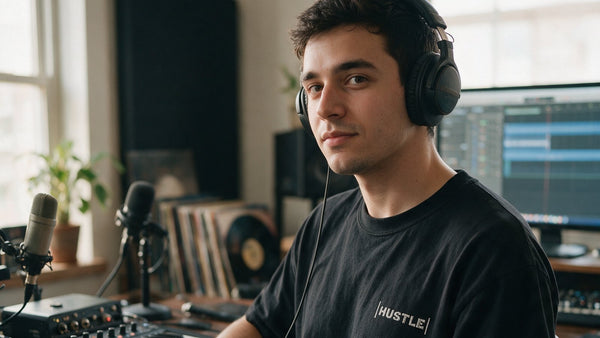 Producer in headphones and a black Ghostnote Hustle tee at his home studio desk, with records and microphones behind him