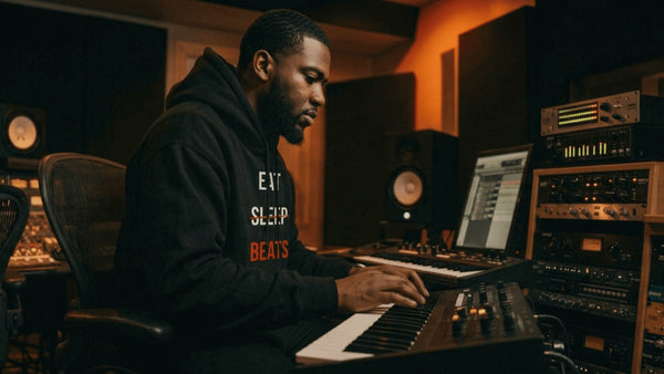 Producer in a black Ghostnote Eat Sleep Beats hoodie playing a synth in a warm-lit recording studio