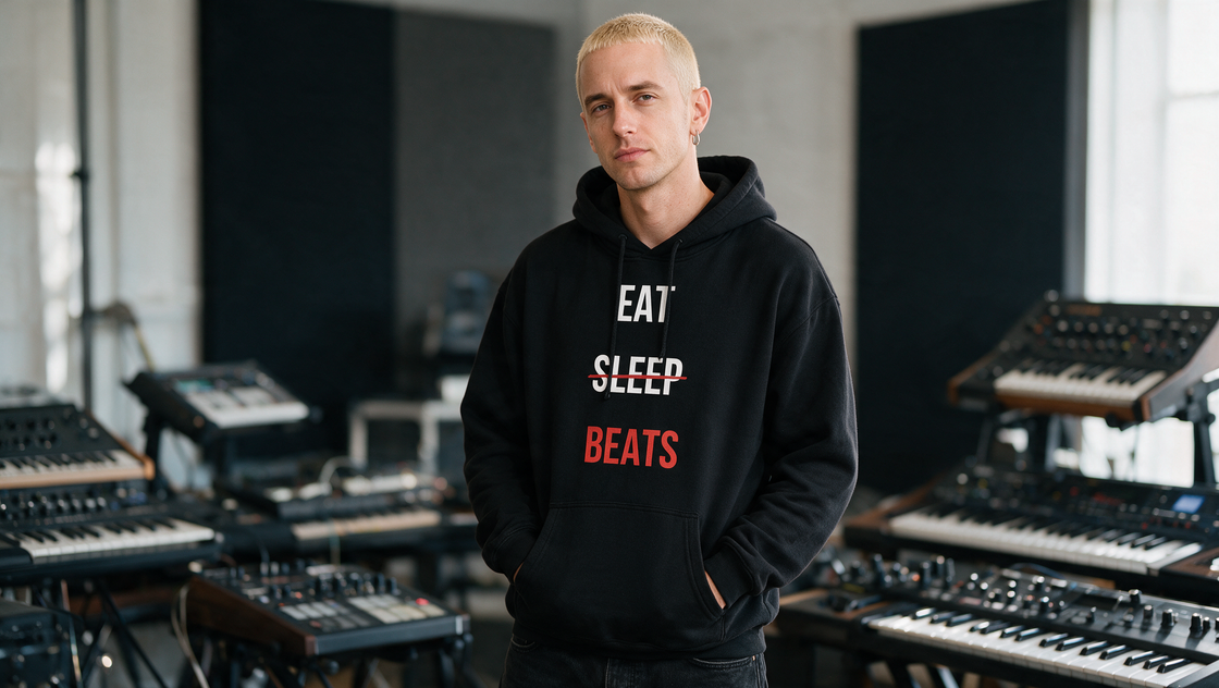 Model in an Eat Sleep Beats hoodie in front of a wall of synthesizers