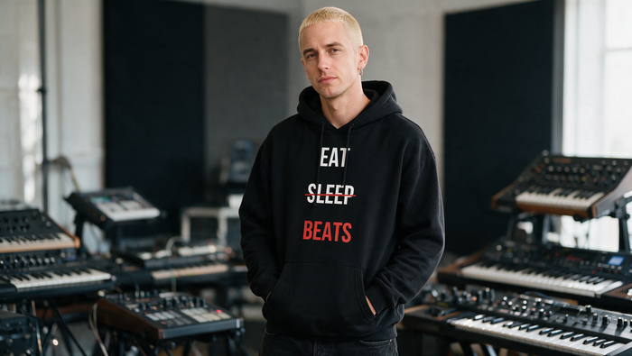 Model in an Eat Sleep Beats hoodie in front of a wall of synthesizers