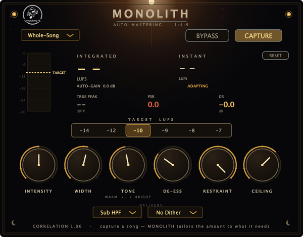 Ghostnote MONOLITH mastering interface with integrated LUFS and true-peak meters