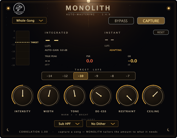 Ghostnote MONOLITH mastering interface with integrated LUFS and true-peak meters