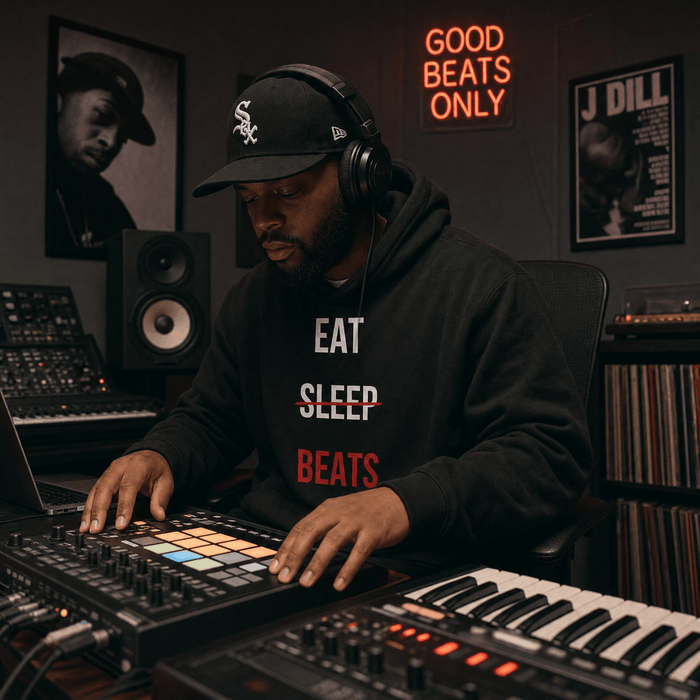Producer in a cap and headphones working a drum machine under a Good Beats Only neon sign