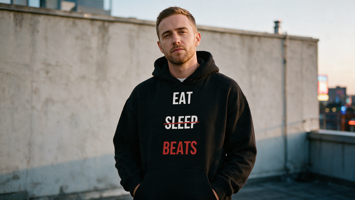 Producer in an Eat Sleep Beats hoodie on a rooftop at dusk