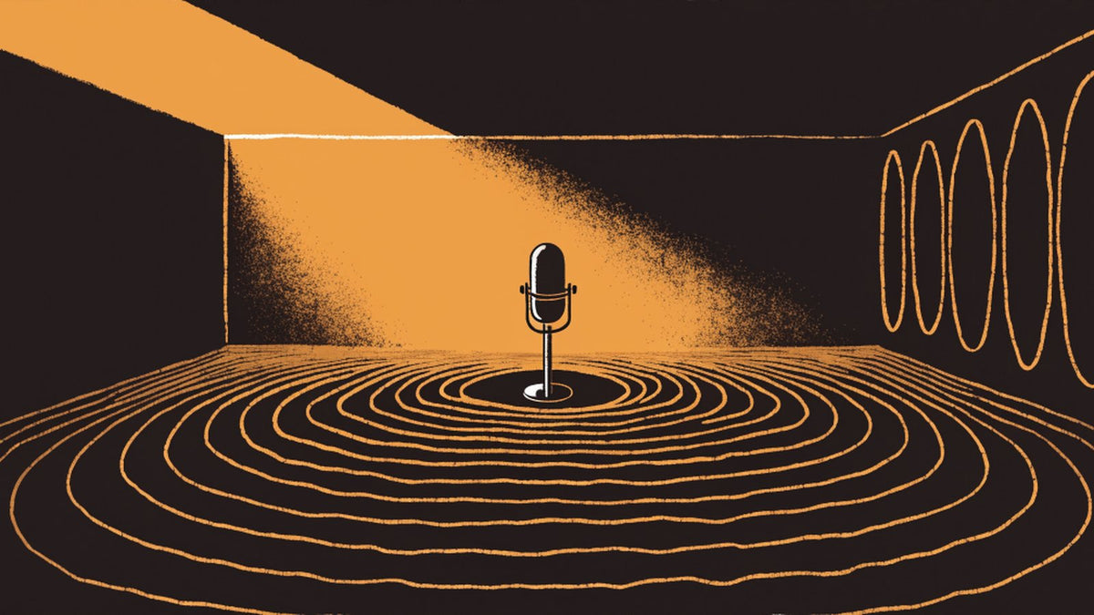 Illustration of a microphone in an empty dark room, with sound ripples spreading across the floor and echoes repeating along the wall