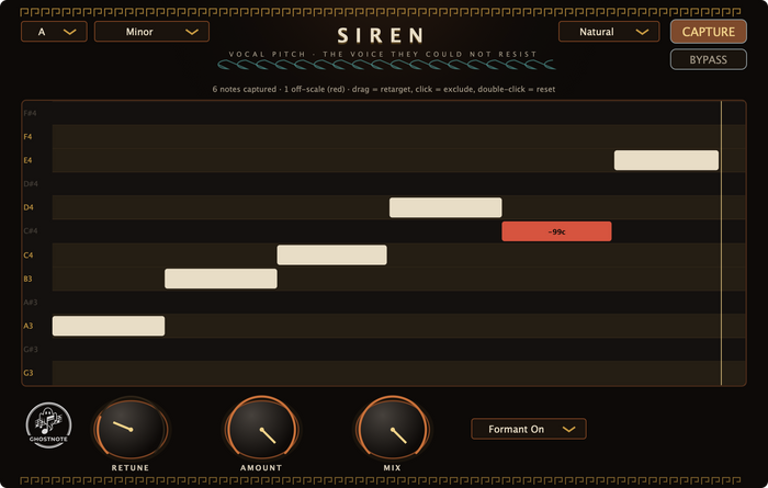 Ghostnote SIREN pitch correction interface showing the key-aware note grid