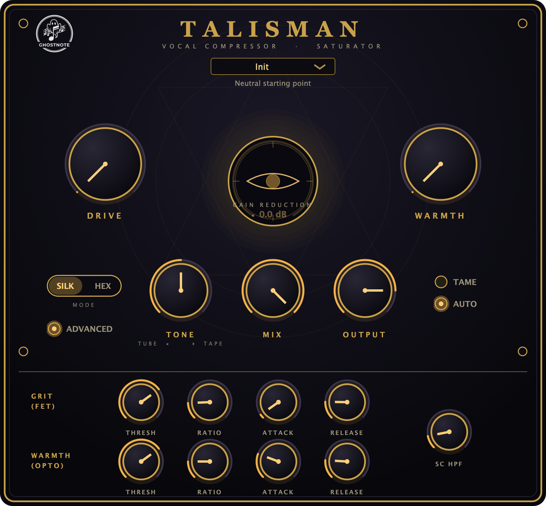 Ghostnote TALISMAN vocal compressor interface with the gain-reduction sigil meter