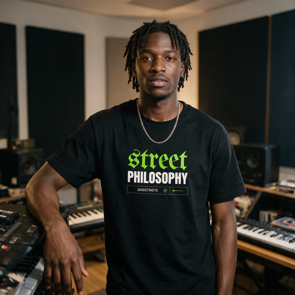 Producer in a Street Philosophy tee beside stacked keyboards and records