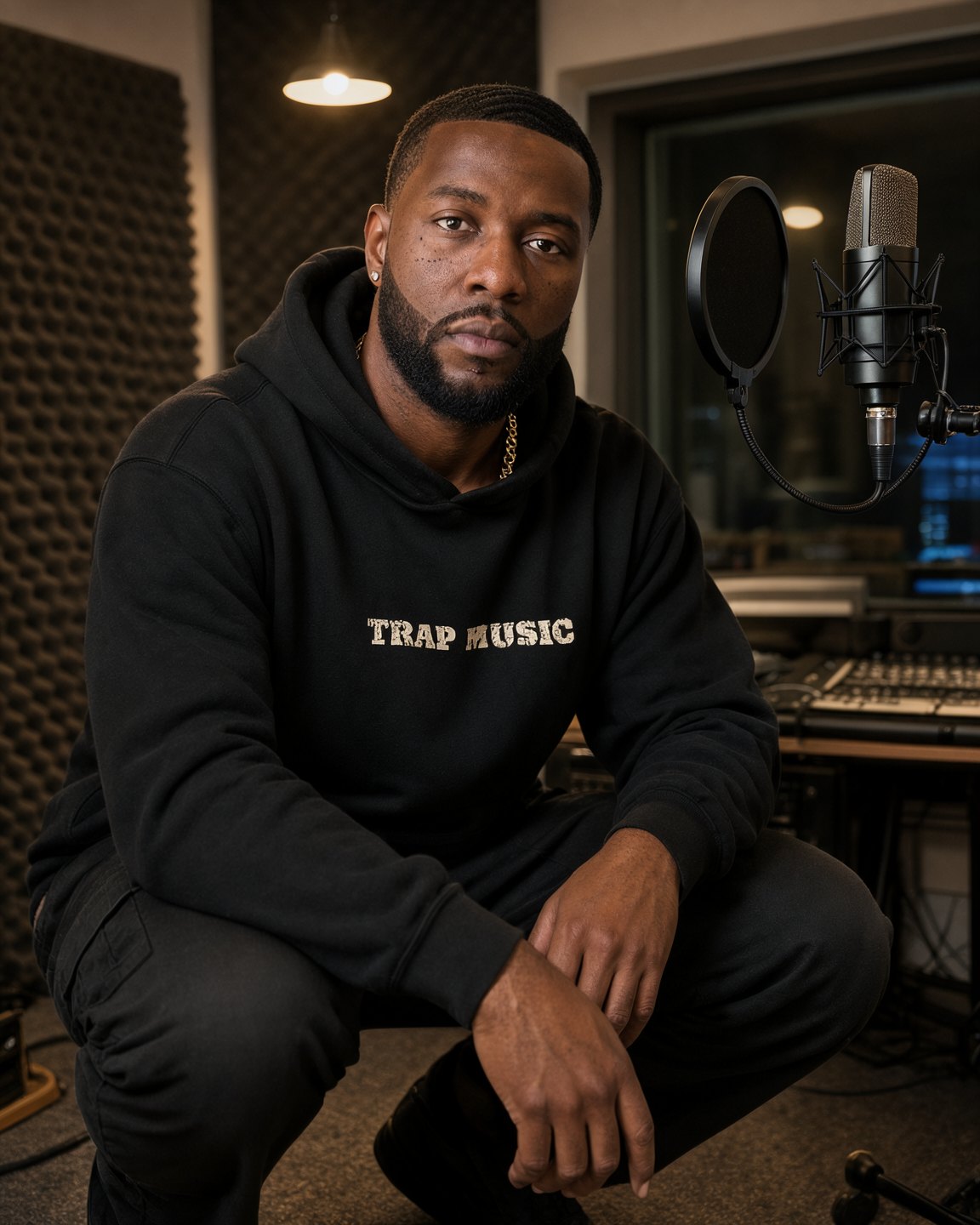 Rapper crouched beside a studio condenser microphone wearing a Ghostnote Trap Music hoodie