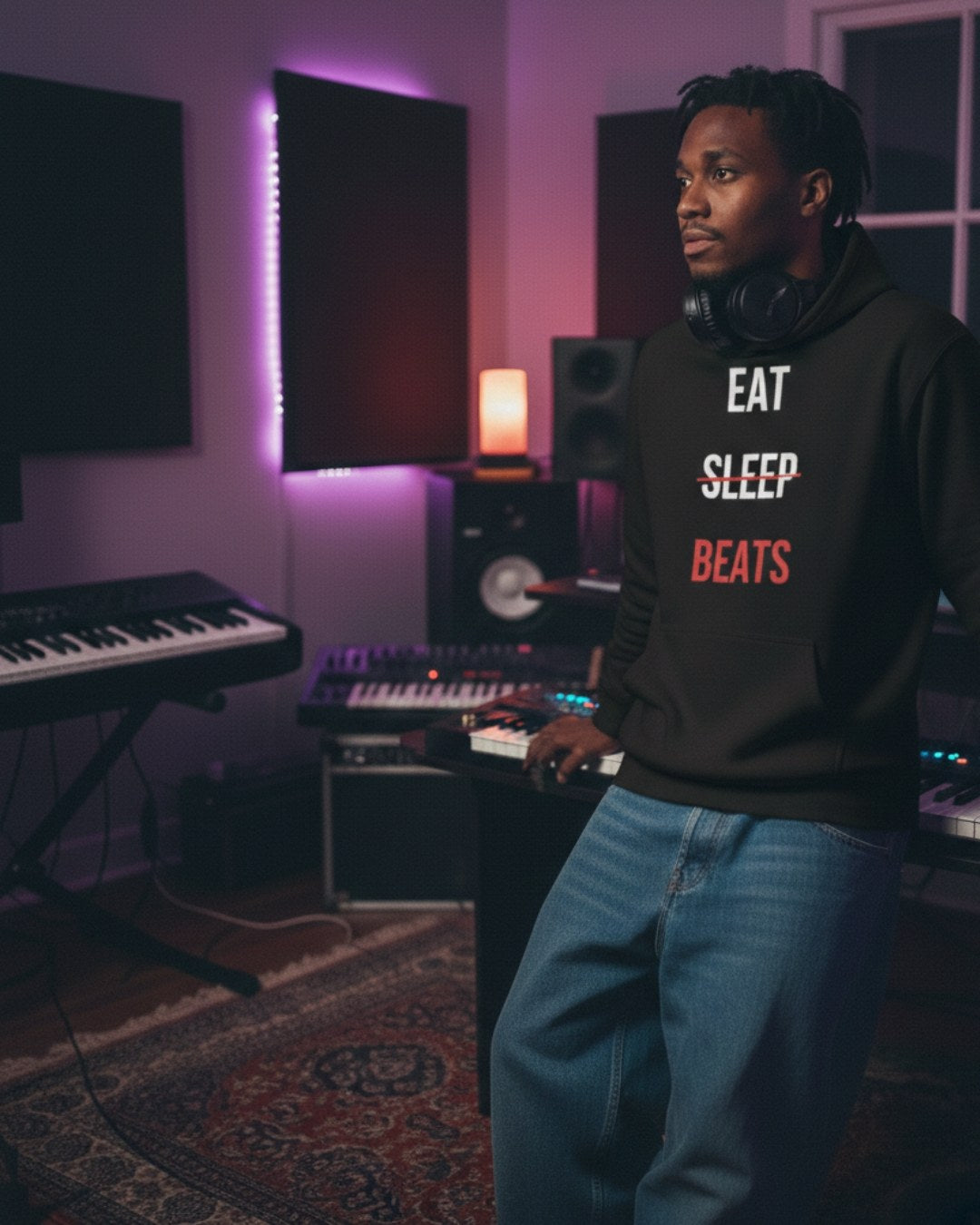 Producer in a Ghostnote Eat Sleep Beats hoodie at a keyboard rig in a purple-lit home studio