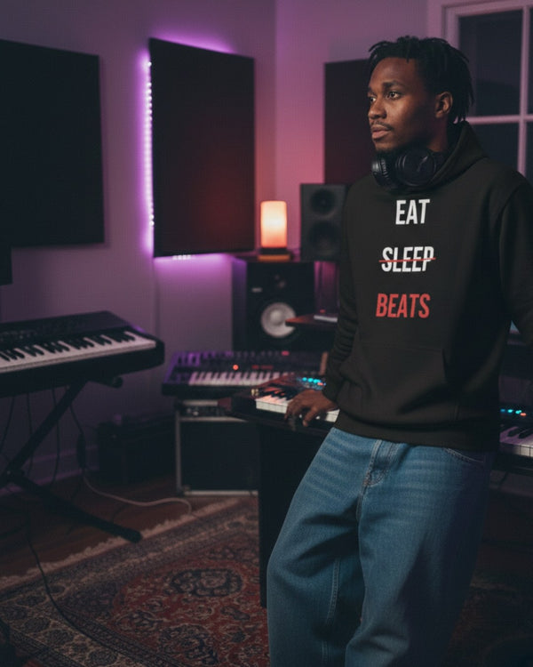 Producer in a Ghostnote Eat Sleep Beats hoodie at a keyboard rig in a purple-lit home studio
