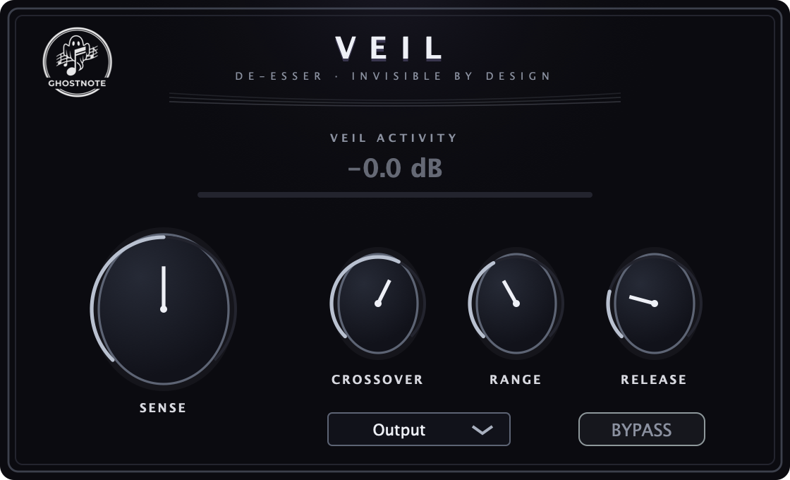 Ghostnote VEIL de-esser interface showing SENSE, crossover and listen modes