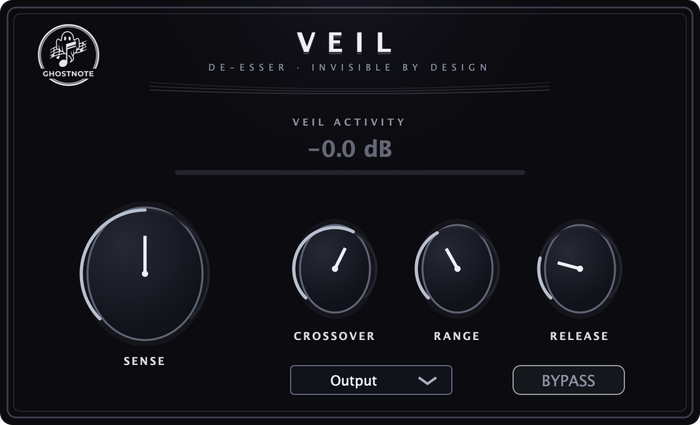 Ghostnote VEIL de-esser interface showing SENSE, crossover and listen modes